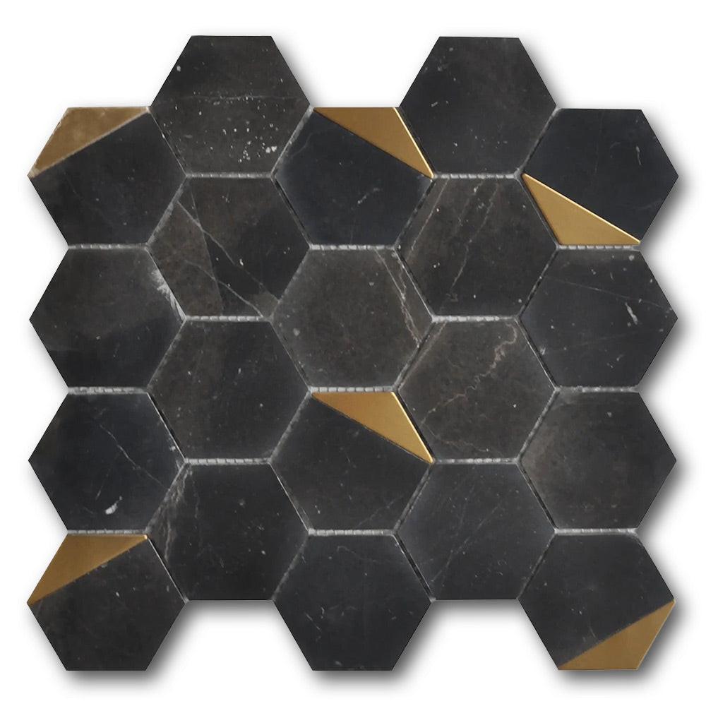 Mineralis Nero Marquina Polished Hexagon Stone & Glass Mosaic Tile Mineralis Nero Marquina Polished Hexagon Stone & Glass Mosaic Tile - American Tile Depot