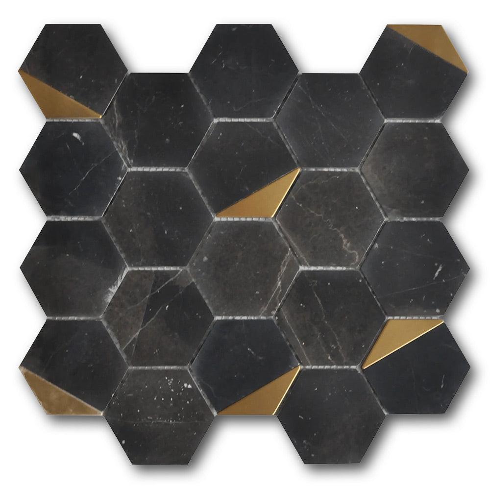 Mineralis Nero Marquina Polished Hexagon Stone & Glass Mosaic Tile Mineralis Nero Marquina Polished Hexagon Stone & Glass Mosaic Tile - American Tile Depot