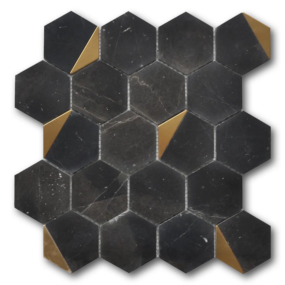 Mineralis Nero Marquina Polished Hexagon Stone & Glass Mosaic Tile Mineralis Nero Marquina Polished Hexagon Stone & Glass Mosaic Tile - American Tile Depot