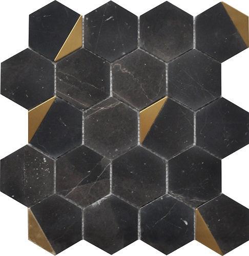 Mineralis Nero Marquina Polished Hexagon Stone & Glass Mosaic Tile Mineralis Nero Marquina Polished Hexagon Stone & Glass Mosaic Tile - American Tile Depot
