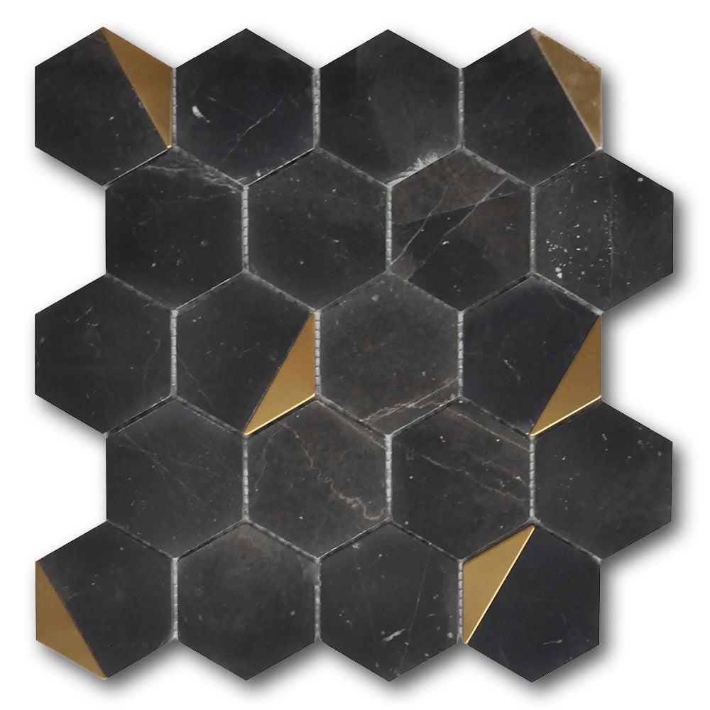 Mineralis Nero Marquina Polished Hexagon Stone & Glass Mosaic Tile Mineralis Nero Marquina Polished Hexagon Stone & Glass Mosaic Tile - American Tile Depot
