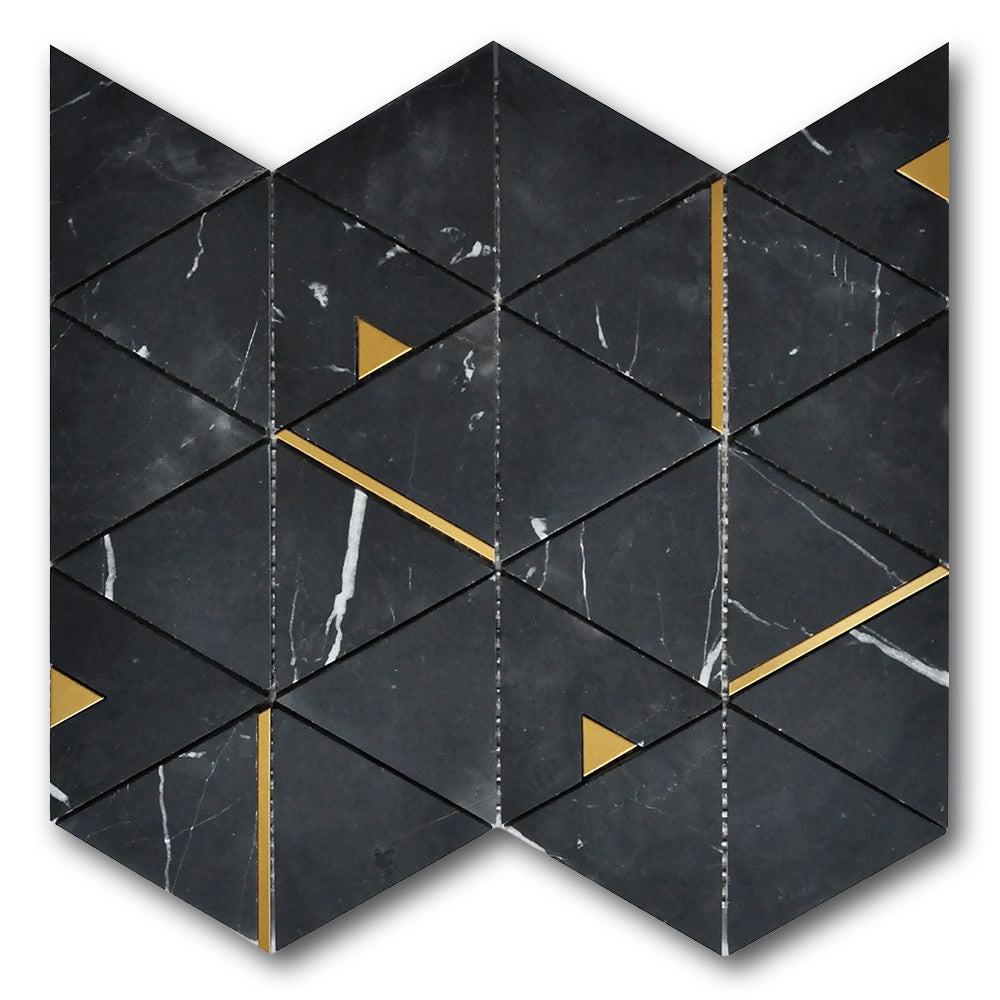 Mineralis Nero Marquina Polished Triangle Stone & Glass Mosaic Tile Mineralis Nero Marquina Polished Triangle Stone & Glass Mosaic Tile - American Tile Depot