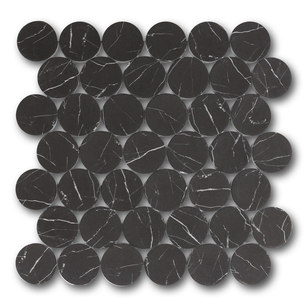 Mineralis Nero Marrquina Matte Penny Stone & Glass Mosaic Tile