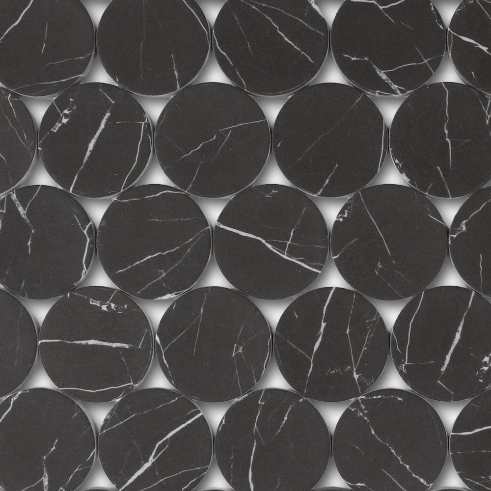 Mineralis Nero Marrquina Matte Penny Stone & Glass Mosaic Tile