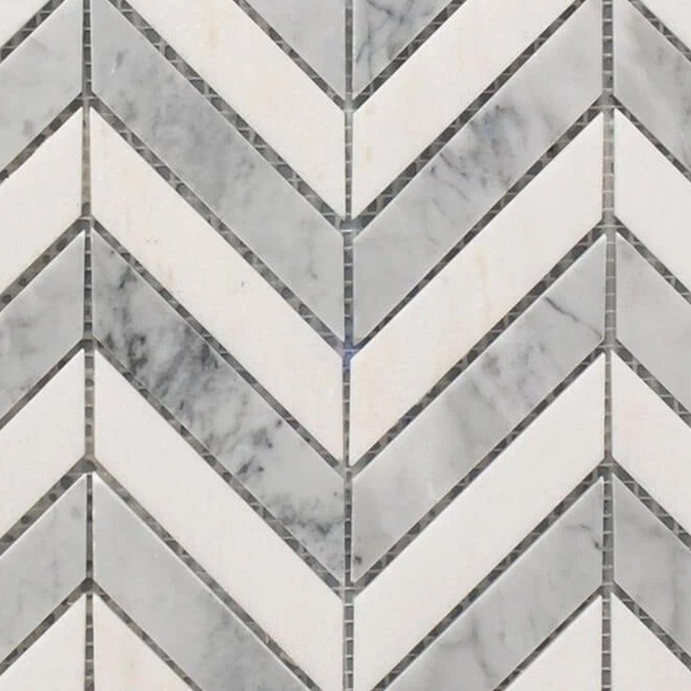 Mineralis White & Gray Polished Chevron Stone & Glass Mosaic Tile Mineralis White & Gray Polished Chevron Stone & Glass Mosaic Tile - American Tile Depot