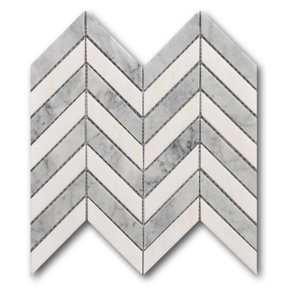 Mineralis White & Gray Polished Chevron Stone & Glass Mosaic Tile Mineralis White & Gray Polished Chevron Stone & Glass Mosaic Tile - American Tile Depot
