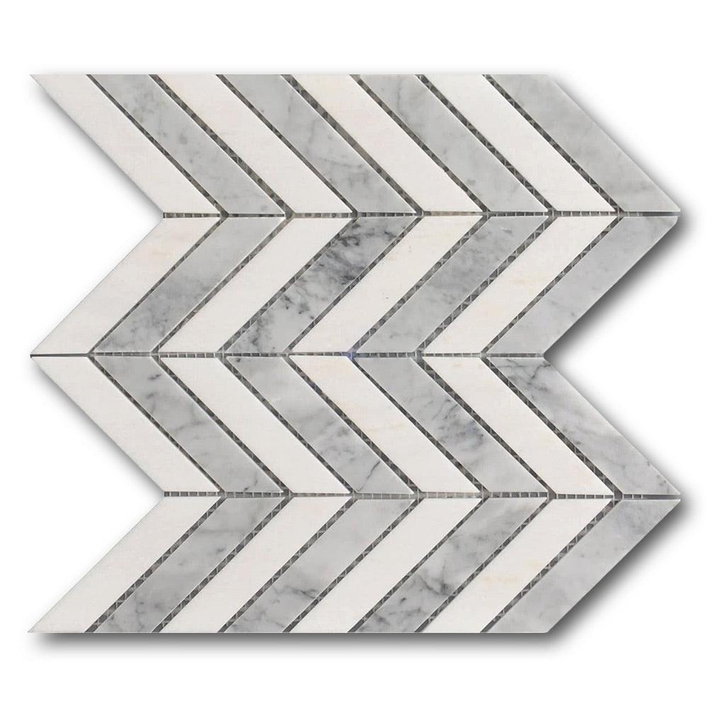 Mineralis White & Gray Polished Chevron Stone & Glass Mosaic Tile Mineralis White & Gray Polished Chevron Stone & Glass Mosaic Tile - American Tile Depot