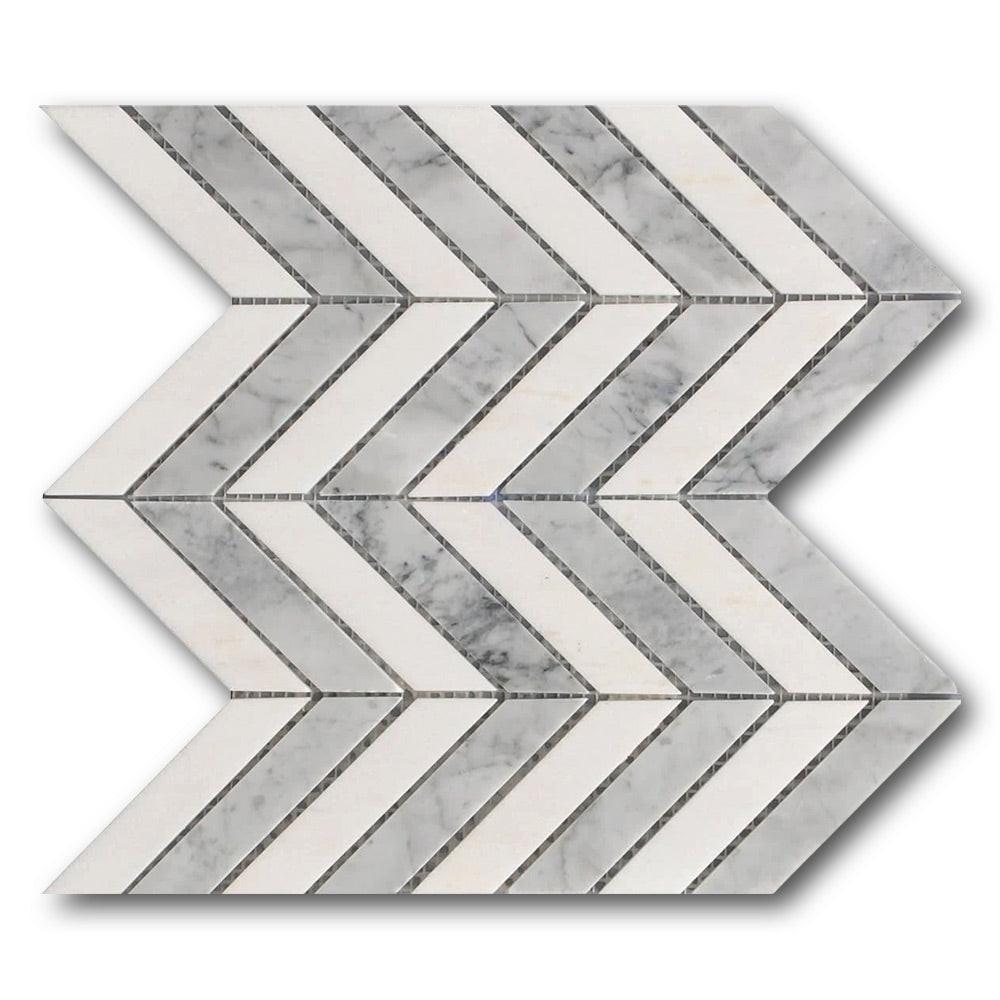 Mineralis White & Gray Polished Chevron Stone & Glass Mosaic Tile Mineralis White & Gray Polished Chevron Stone & Glass Mosaic Tile - American Tile Depot