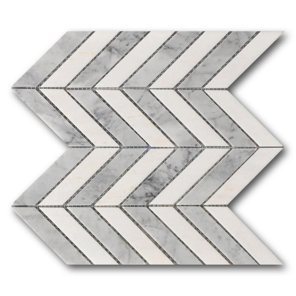 Mineralis White & Gray Polished Chevron Stone & Glass Mosaic Tile Mineralis White & Gray Polished Chevron Stone & Glass Mosaic Tile - American Tile Depot