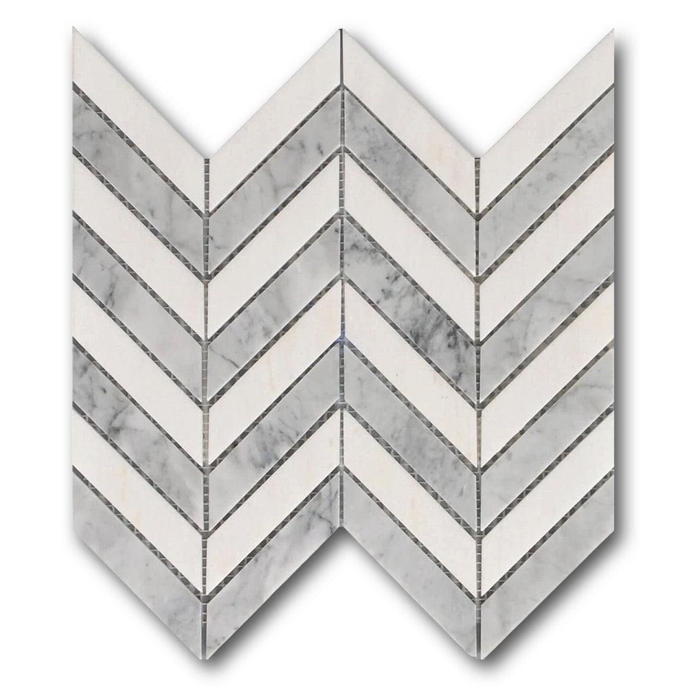 Mineralis White & Gray Polished Chevron Stone & Glass Mosaic Tile Mineralis White & Gray Polished Chevron Stone & Glass Mosaic Tile - American Tile Depot