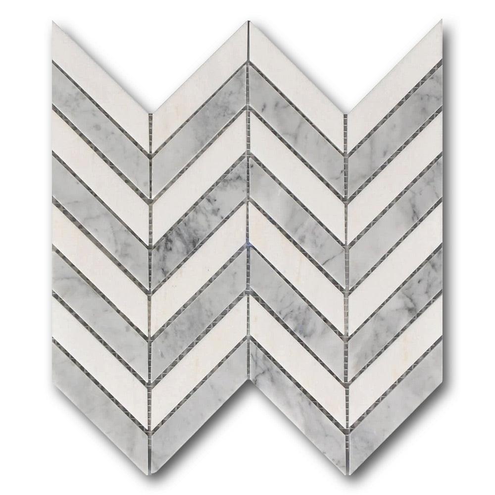 Mineralis White & Gray Polished Chevron Stone & Glass Mosaic Tile Mineralis White & Gray Polished Chevron Stone & Glass Mosaic Tile - American Tile Depot