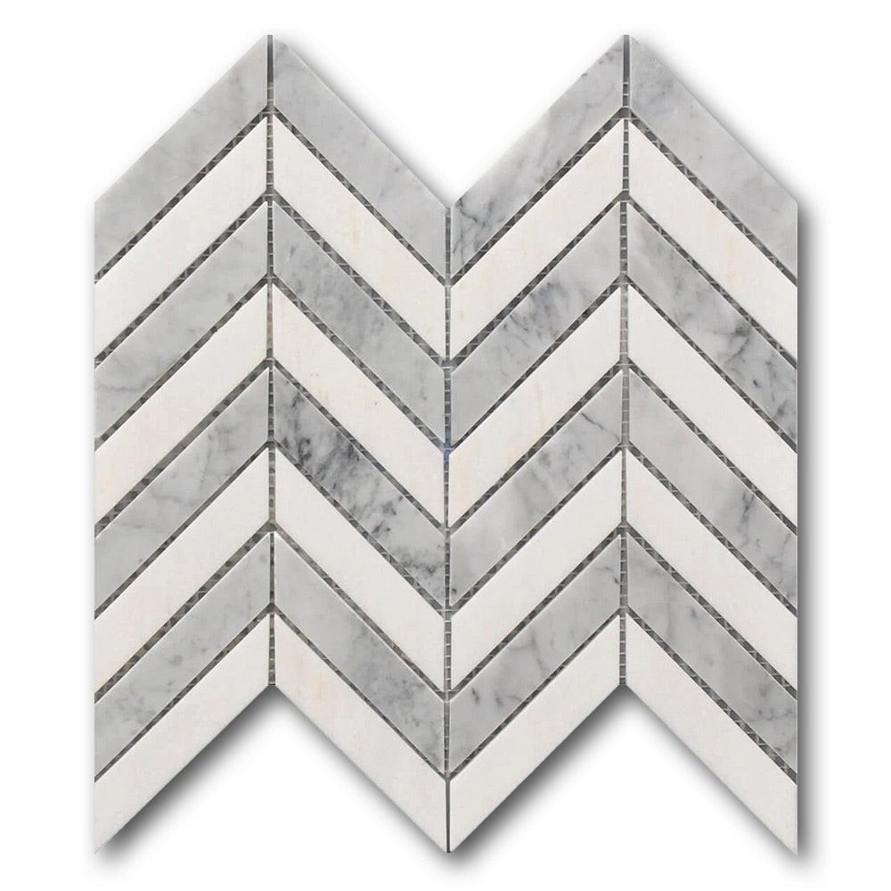 Mineralis White & Gray Polished Chevron Stone & Glass Mosaic Tile Mineralis White & Gray Polished Chevron Stone & Glass Mosaic Tile - American Tile Depot