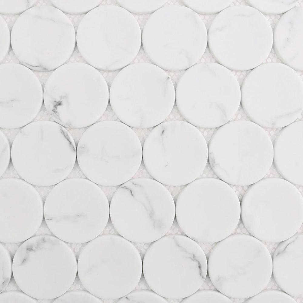 Mineralis White Statuary Matte Penny Stone & Glass Mosaic Tile Mineralis White Statuary Matte Penny Stone & Glass Mosaic Tile - American Tile Depot