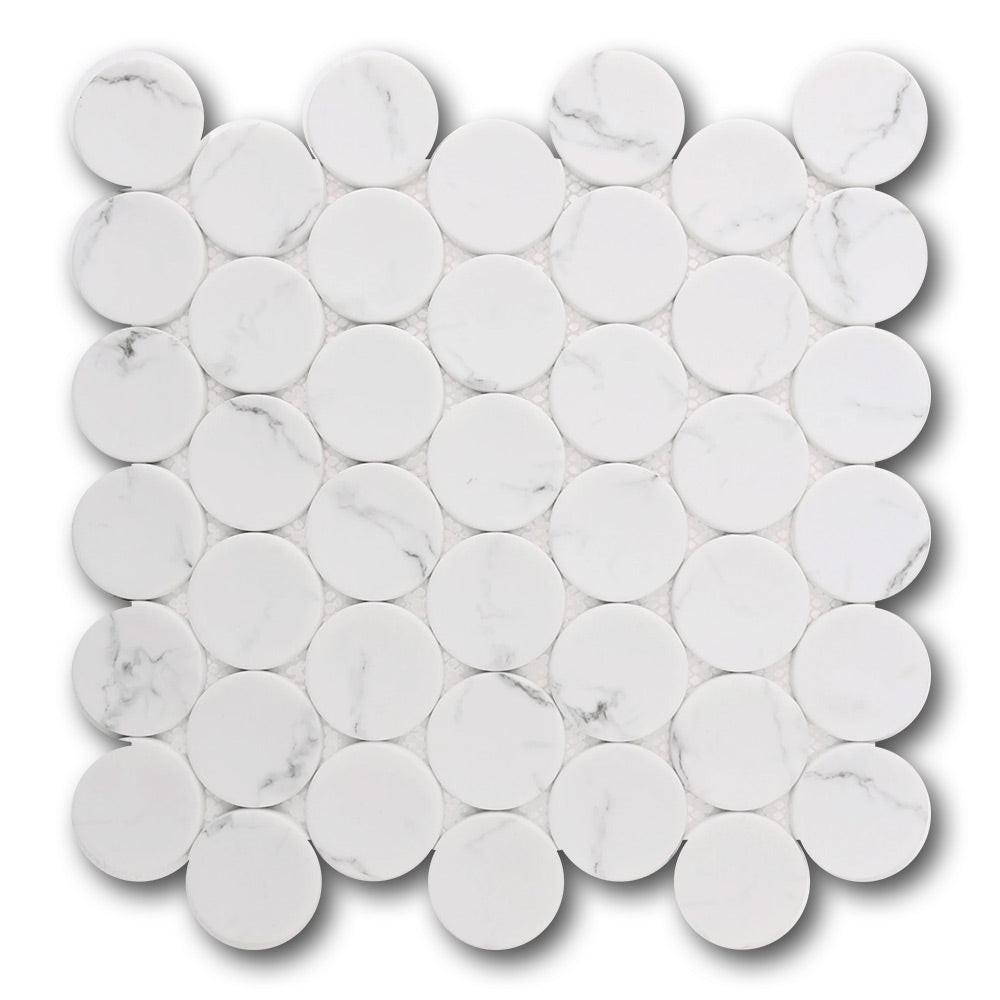 Mineralis White Statuary Matte Penny Stone & Glass Mosaic Tile Mineralis White Statuary Matte Penny Stone & Glass Mosaic Tile - American Tile Depot