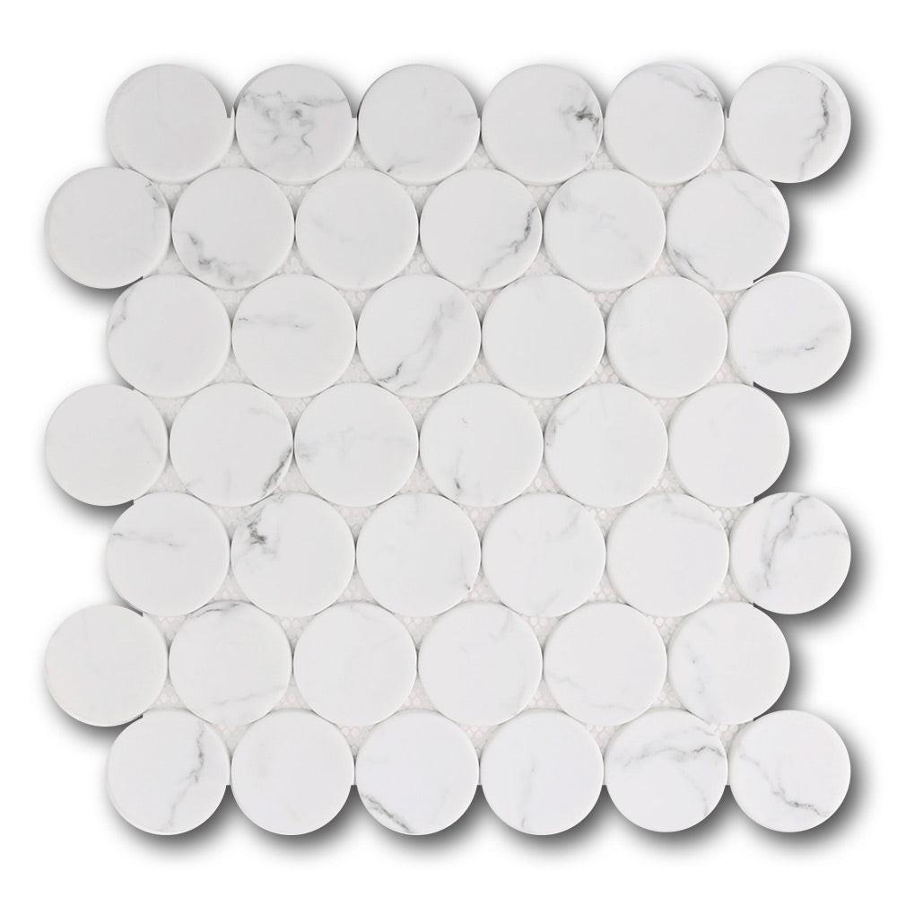 Mineralis White Statuary Matte Penny Stone & Glass Mosaic Tile Mineralis White Statuary Matte Penny Stone & Glass Mosaic Tile - American Tile Depot