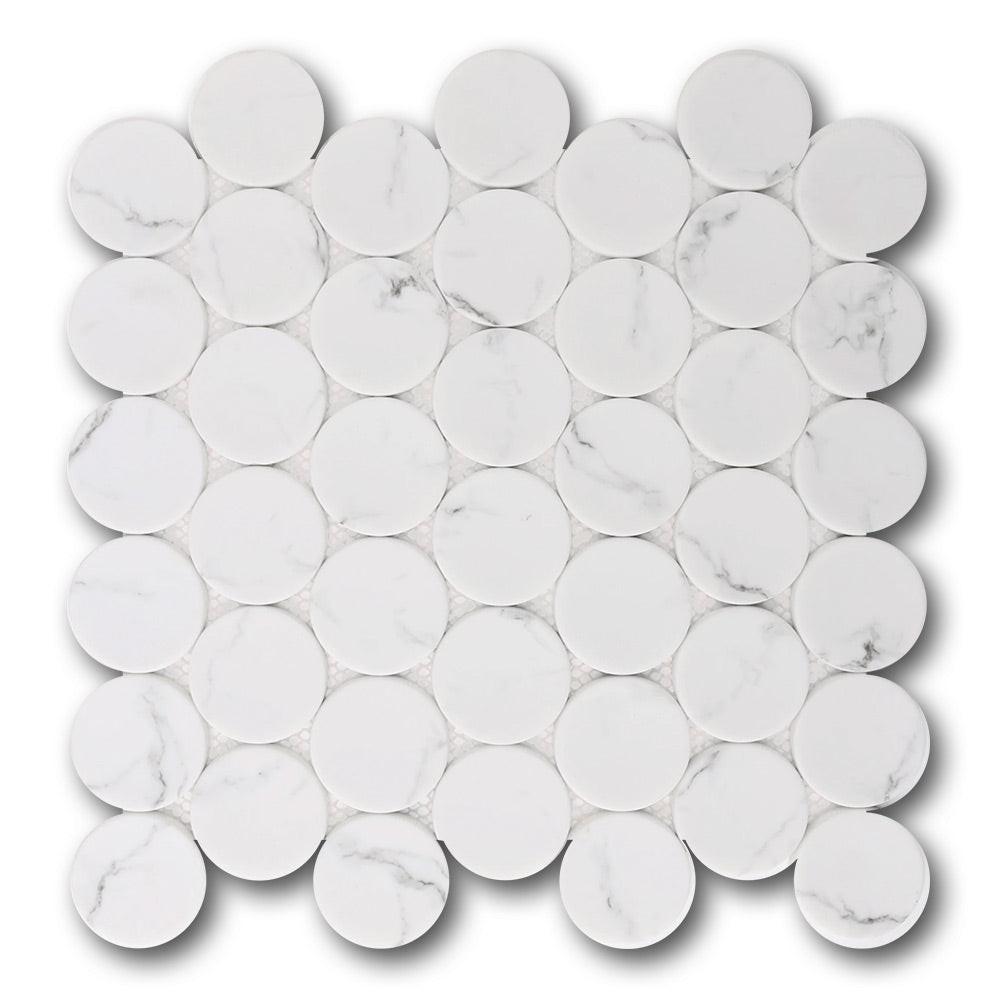 Mineralis White Statuary Matte Penny Stone & Glass Mosaic Tile Mineralis White Statuary Matte Penny Stone & Glass Mosaic Tile - American Tile Depot
