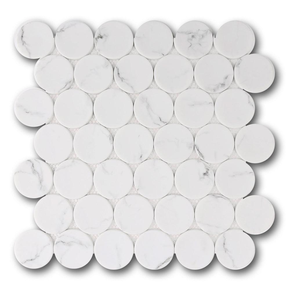 Mineralis White Statuary Matte Penny Stone & Glass Mosaic Tile Mineralis White Statuary Matte Penny Stone & Glass Mosaic Tile - American Tile Depot