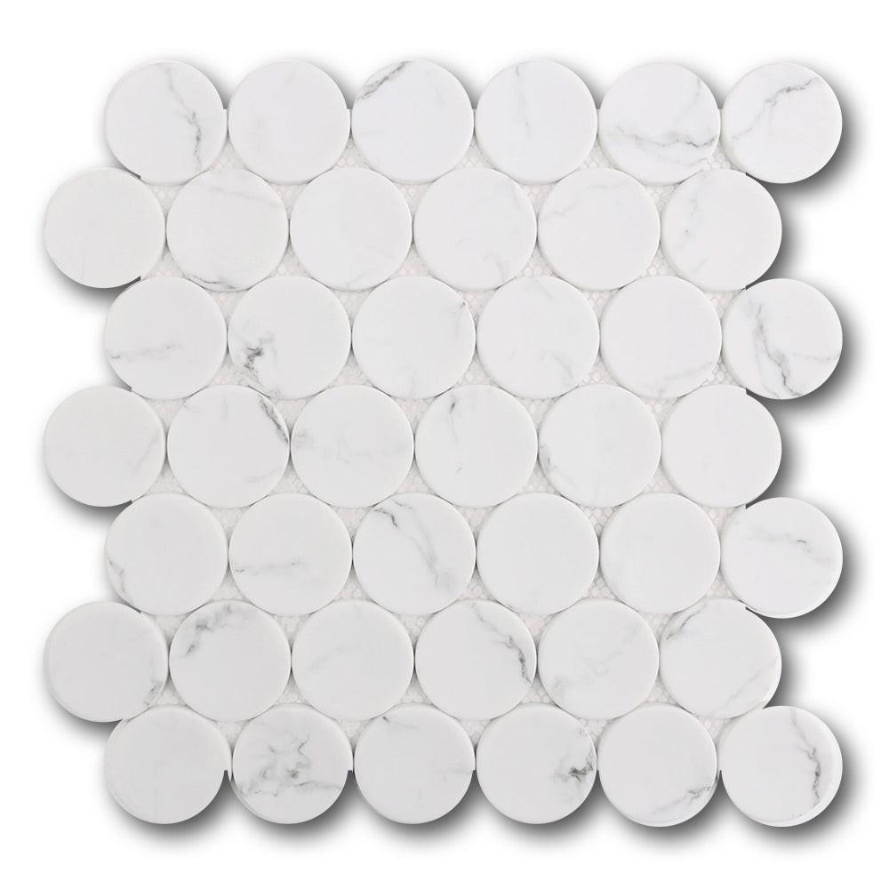Mineralis White Statuary Matte Penny Stone & Glass Mosaic Tile Mineralis White Statuary Matte Penny Stone & Glass Mosaic Tile - American Tile Depot
