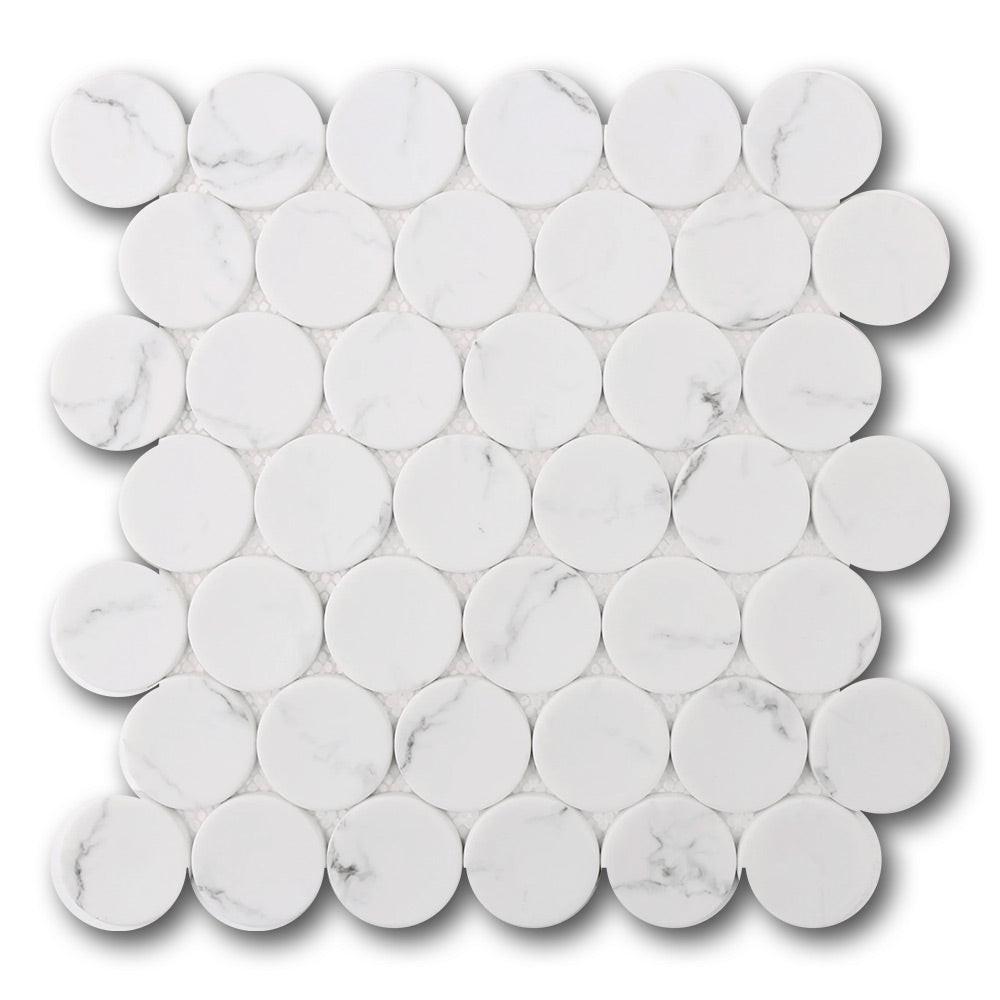Mineralis White Statuary Matte Penny Stone & Glass Mosaic Tile Mineralis White Statuary Matte Penny Stone & Glass Mosaic Tile - American Tile Depot