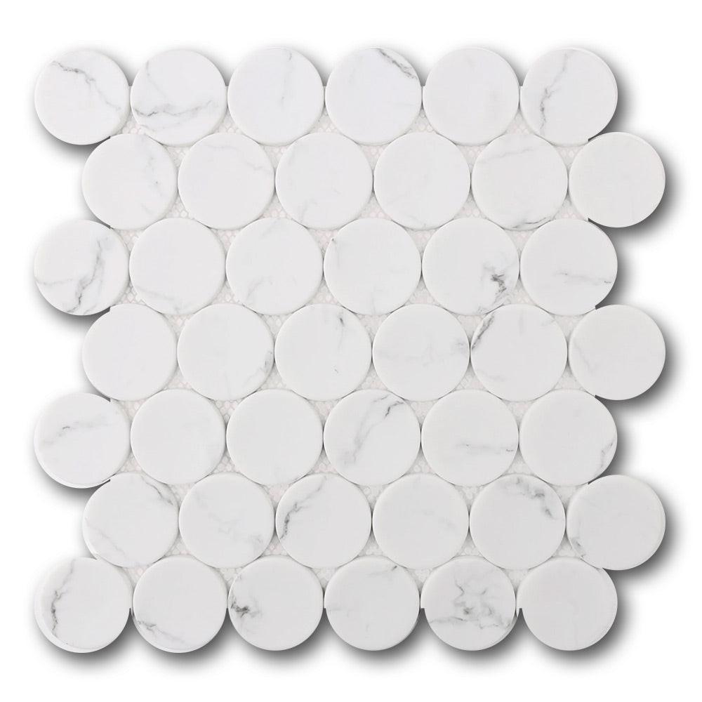 Mineralis White Statuary Matte Penny Stone & Glass Mosaic Tile Mineralis White Statuary Matte Penny Stone & Glass Mosaic Tile - American Tile Depot