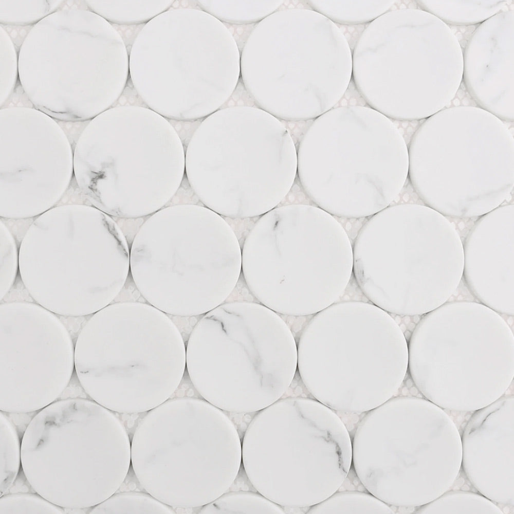 Mineralis White Statuary Matte Penny Stone & Glass Mosaic Tile