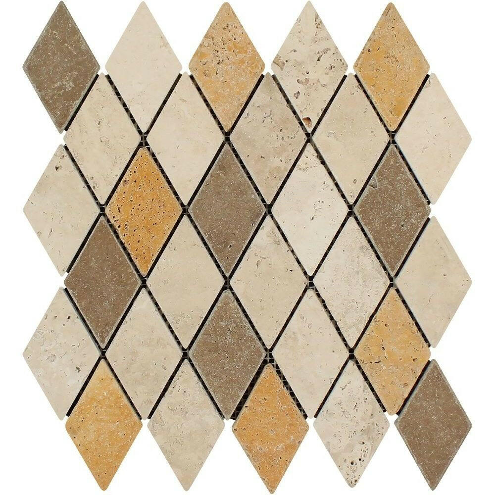 Mixed Travertine 2x4 Tumbled Diamond Mosaic Tile Mixed Travertine 2x4 Tumbled Diamond Mosaic Tile - American Tile Depot