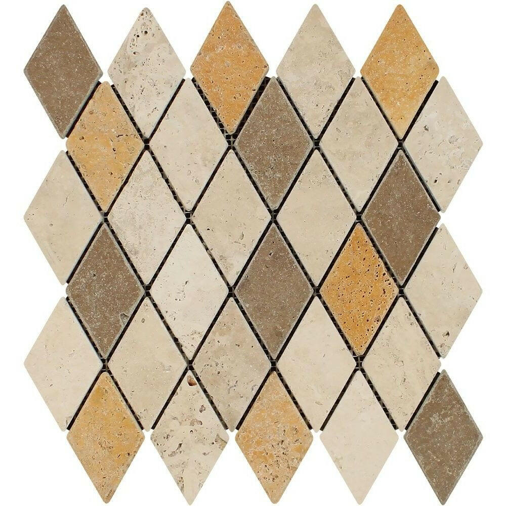 Mixed Travertine 2x4 Tumbled Diamond Mosaic Tile Mixed Travertine 2x4 Tumbled Diamond Mosaic Tile - American Tile Depot