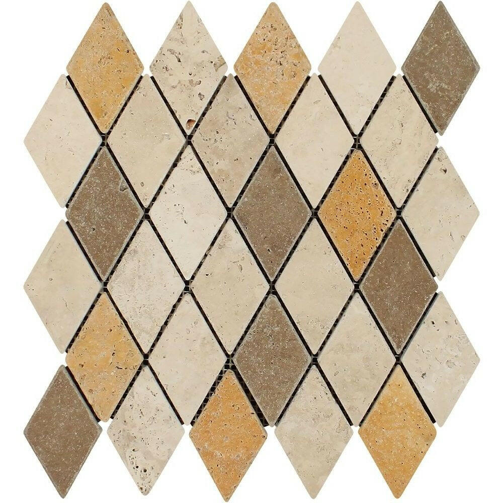 Mixed Travertine 2x4 Tumbled Diamond Mosaic Tile Mixed Travertine 2x4 Tumbled Diamond Mosaic Tile - American Tile Depot