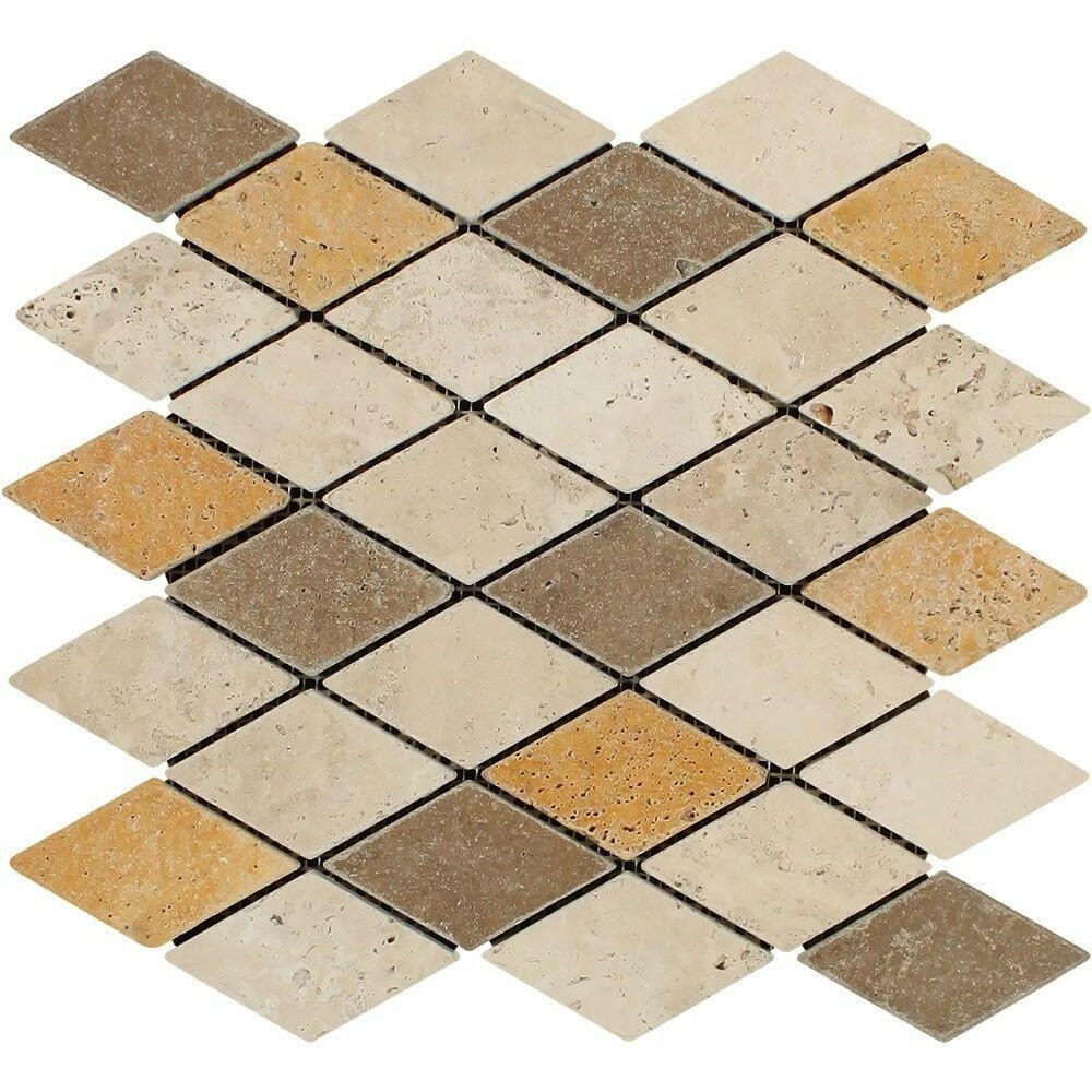 Mixed Travertine 2x4 Tumbled Diamond Mosaic Tile Mixed Travertine 2x4 Tumbled Diamond Mosaic Tile - American Tile Depot
