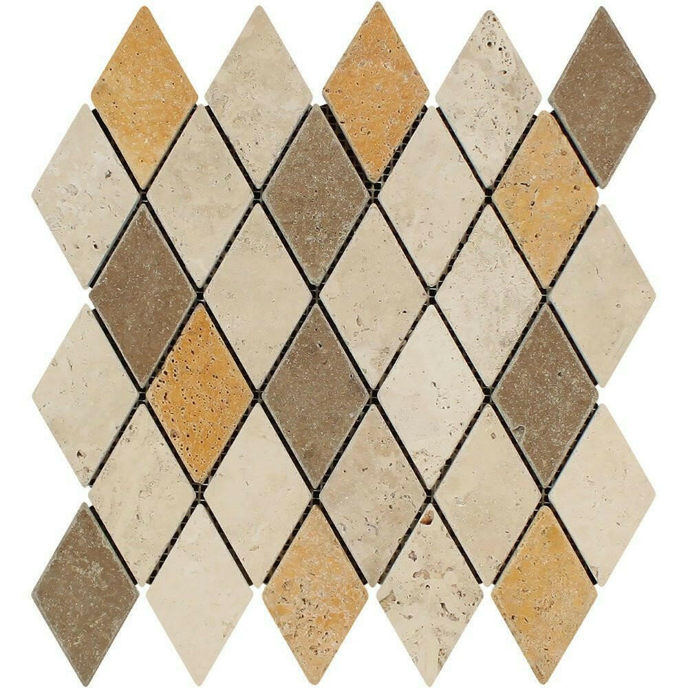 Mixed Travertine 2x4 Tumbled Diamond Mosaic Tile Mixed Travertine 2x4 Tumbled Diamond Mosaic Tile - American Tile Depot