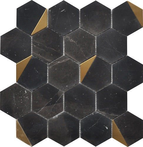 Mineralis Nero Marquina Polished Hexagon Stone & Glass Mosaic Tile-American Tile Depot