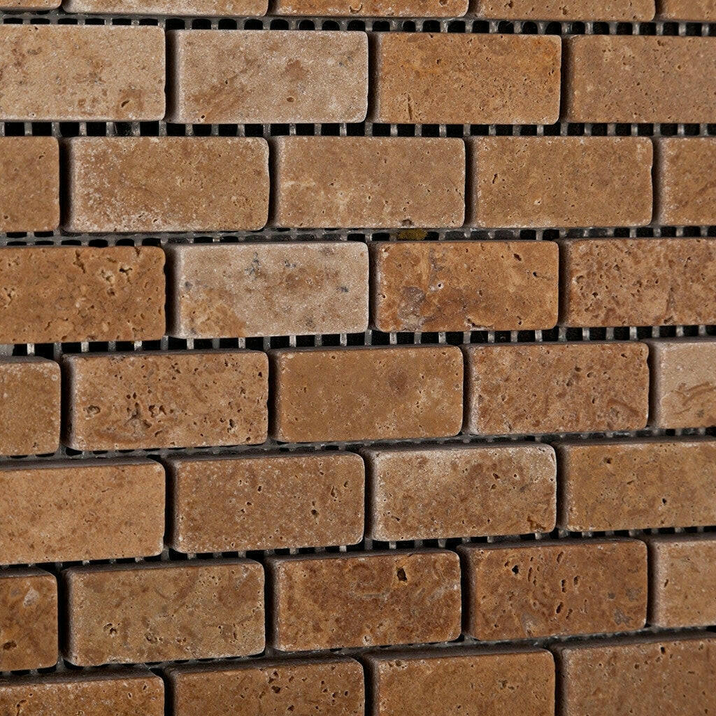 Noce Travertine Baby Brick Tumbled Mosaic Tile Noce Travertine Baby Brick Tumbled Mosaic Tile - American Tile Depot