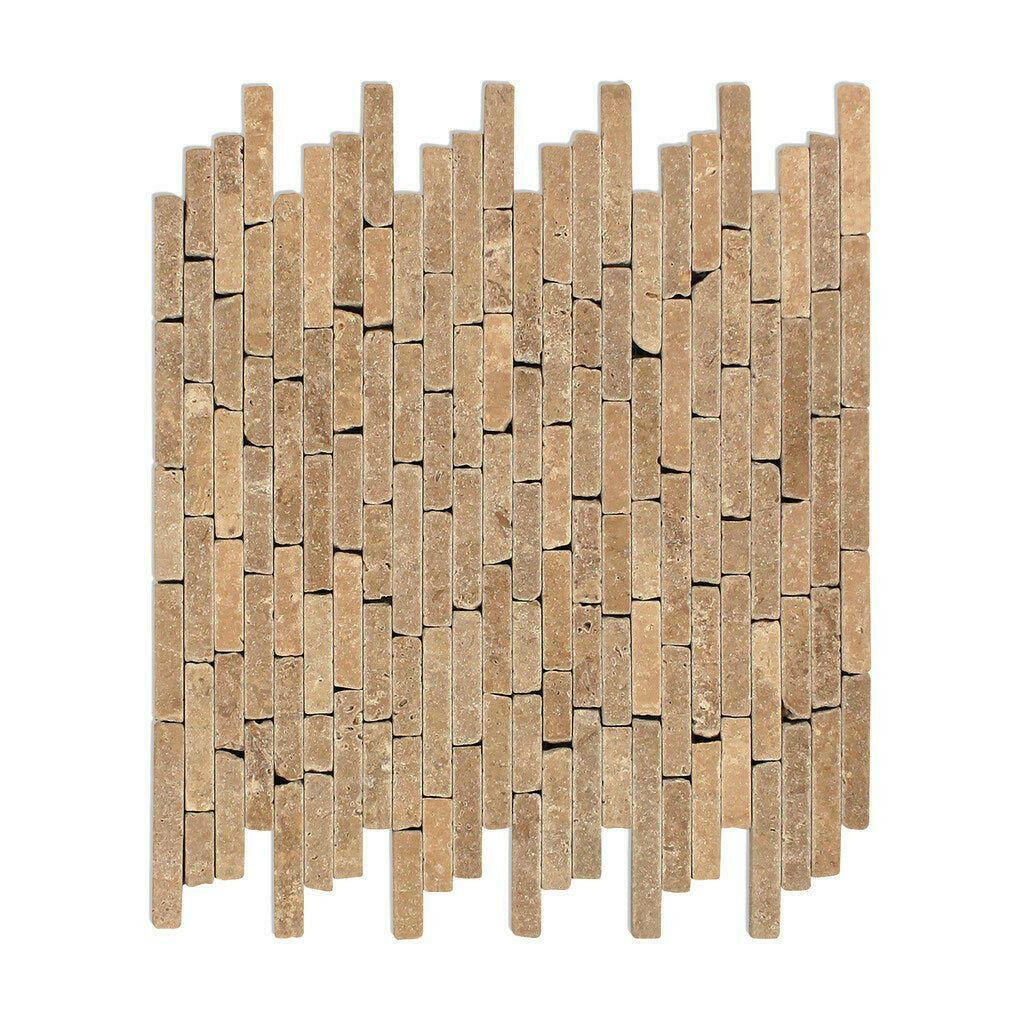 Noce Travertine Tumbled Random Strip Mosaic Tile Noce Travertine Tumbled Random Strip Mosaic Tile - American Tile Depot