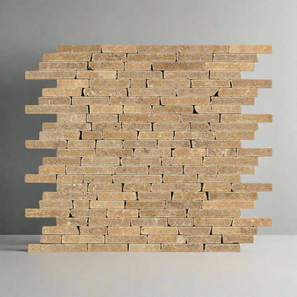Noce Travertine Tumbled Random Strip Mosaic Tile Noce Travertine Tumbled Random Strip Mosaic Tile - American Tile Depot