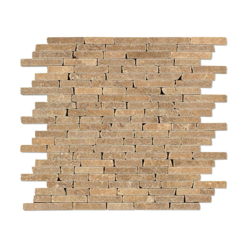 Noce Travertine Tumbled Random Strip Mosaic Tile Noce Travertine Tumbled Random Strip Mosaic Tile - American Tile Depot