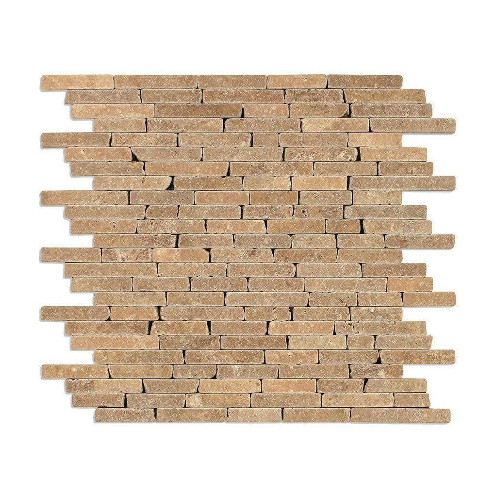 Noce Travertine Tumbled Random Strip Mosaic Tile Noce Travertine Tumbled Random Strip Mosaic Tile - American Tile Depot