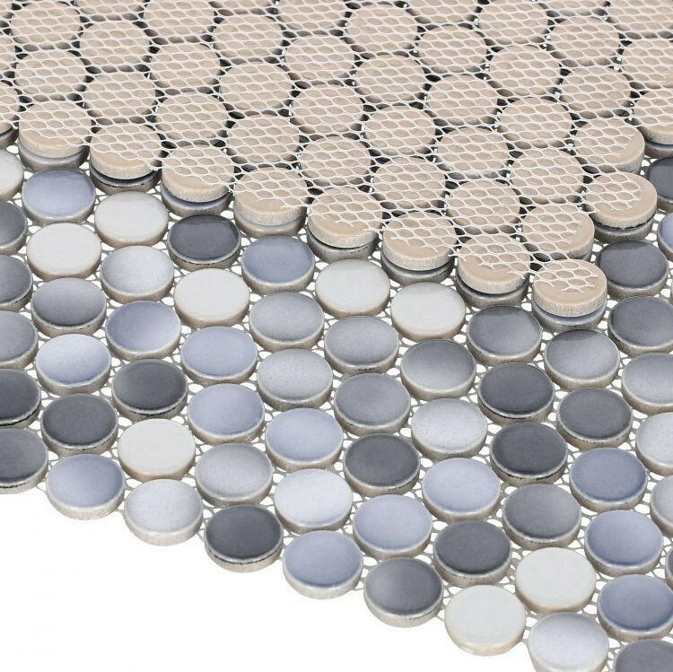 Orb Night Gradient Grey Glossy Penny Round Handmade Porcelain Mosaic Tile Orb Night Gradient Grey Glossy Penny Round Handmade Porcelain Mosaic Tile - American Tile Depot