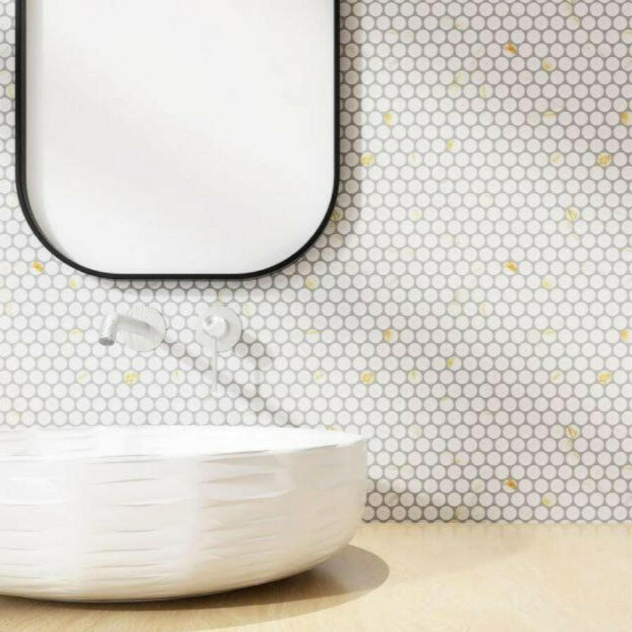 Orb Noon Calacatta Matte Penny Round Handmade Porcelain Mosaic Tile Orb Noon Calacatta Matte Penny Round Handmade Porcelain Mosaic Tile - American Tile Depot