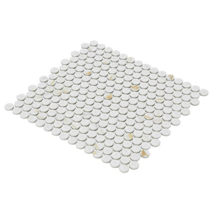 Orb Noon Calacatta Matte Penny Round Handmade Porcelain Mosaic Tile Orb Noon Calacatta Matte Penny Round Handmade Porcelain Mosaic Tile - American Tile Depot