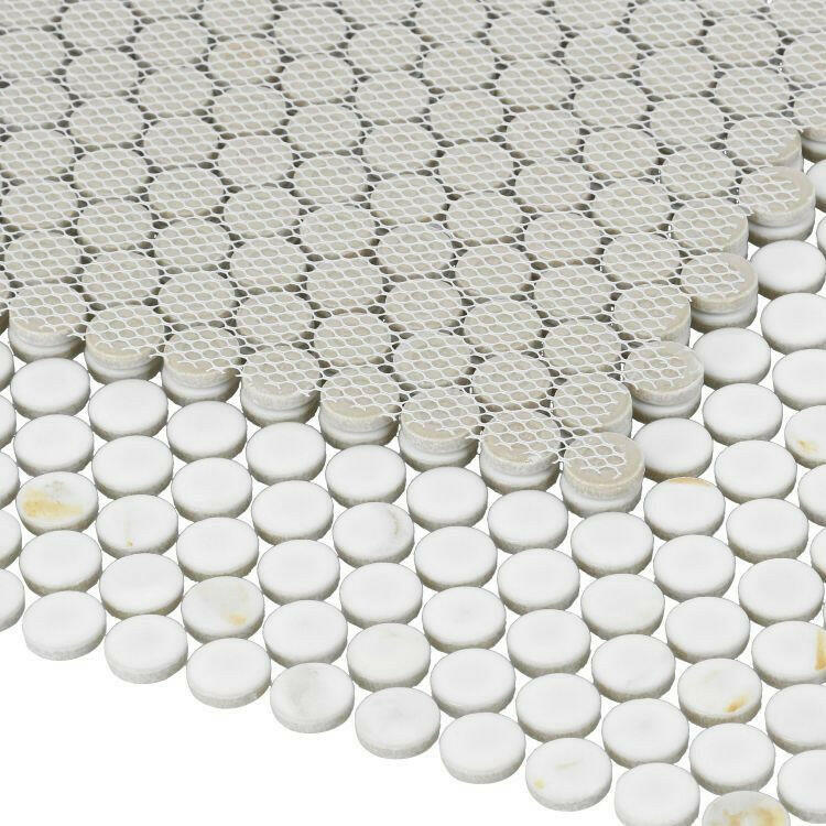 Orb Noon Calacatta Matte Penny Round Handmade Porcelain Mosaic Tile Orb Noon Calacatta Matte Penny Round Handmade Porcelain Mosaic Tile - American Tile Depot