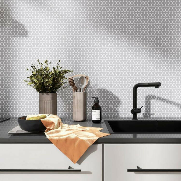 Orb Noon City Grey Matte Penny Round Handmade Porcelain Mosaic Tile Orb Noon City Grey Matte Penny Round Handmade Porcelain Mosaic Tile - American Tile Depot