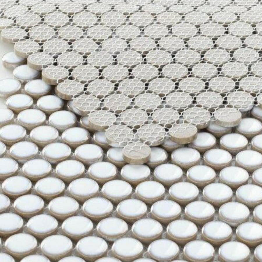 Orb Noon Fancy White Penny Round Handmade Porcelain Mosaic Tile Orb Noon Fancy White Penny Round Handmade Porcelain Mosaic Tile - American Tile Depot