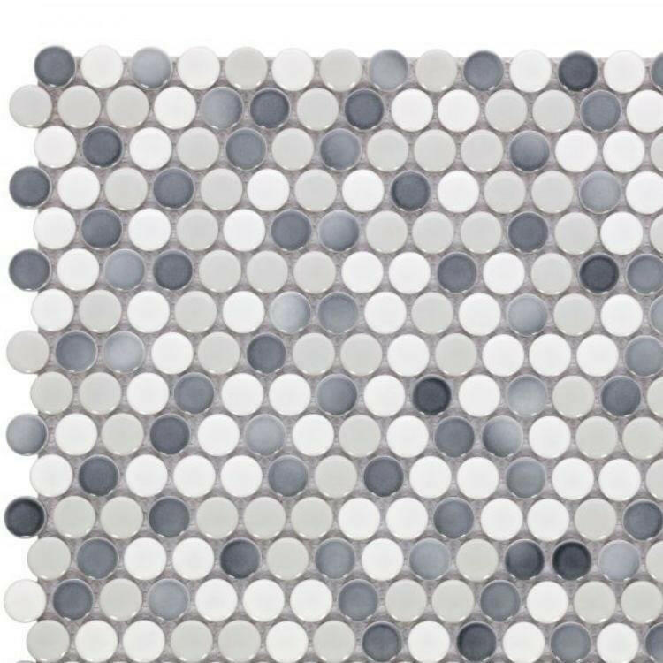 Orb Noon Mixed Grey Glossy Penny Round Handmade Porcelain Mosaic Tile Orb Noon Mixed Grey Glossy Penny Round Handmade Porcelain Mosaic Tile - American Tile Depot