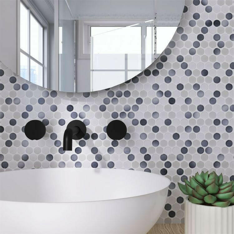 Orb Noon Mixed Grey Glossy Penny Round Handmade Porcelain Mosaic Tile Orb Noon Mixed Grey Glossy Penny Round Handmade Porcelain Mosaic Tile - American Tile Depot