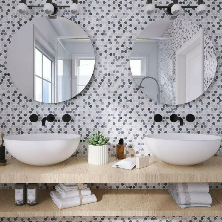 Orb Noon Mixed Grey Glossy Penny Round Handmade Porcelain Mosaic Tile Orb Noon Mixed Grey Glossy Penny Round Handmade Porcelain Mosaic Tile - American Tile Depot