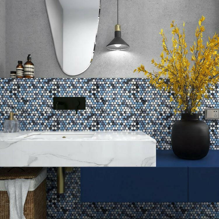 Orb Noon Sky Penny Round Handmade Porcelain Mosaic Tile Orb Noon Sky Penny Round Handmade Porcelain Mosaic Tile - American Tile Depot