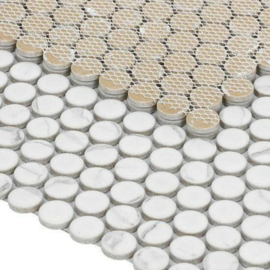 Orb Noon Statuario Matte Penny Round Handmade Porcelain Mosaic Tile Orb Noon Statuario Matte Penny Round Handmade Porcelain Mosaic Tile - American Tile Depot