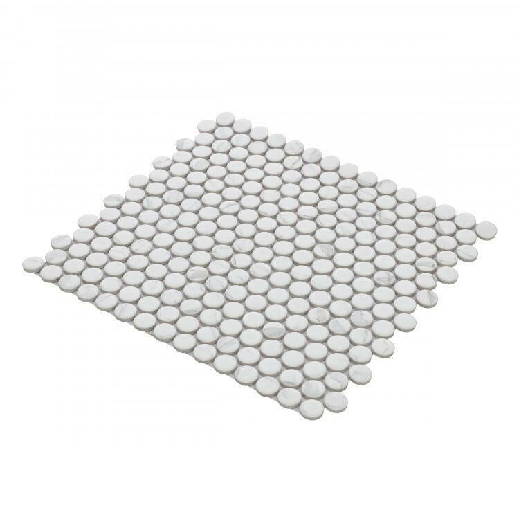 Orb Noon Statuario Matte Penny Round Handmade Porcelain Mosaic Tile Orb Noon Statuario Matte Penny Round Handmade Porcelain Mosaic Tile - American Tile Depot