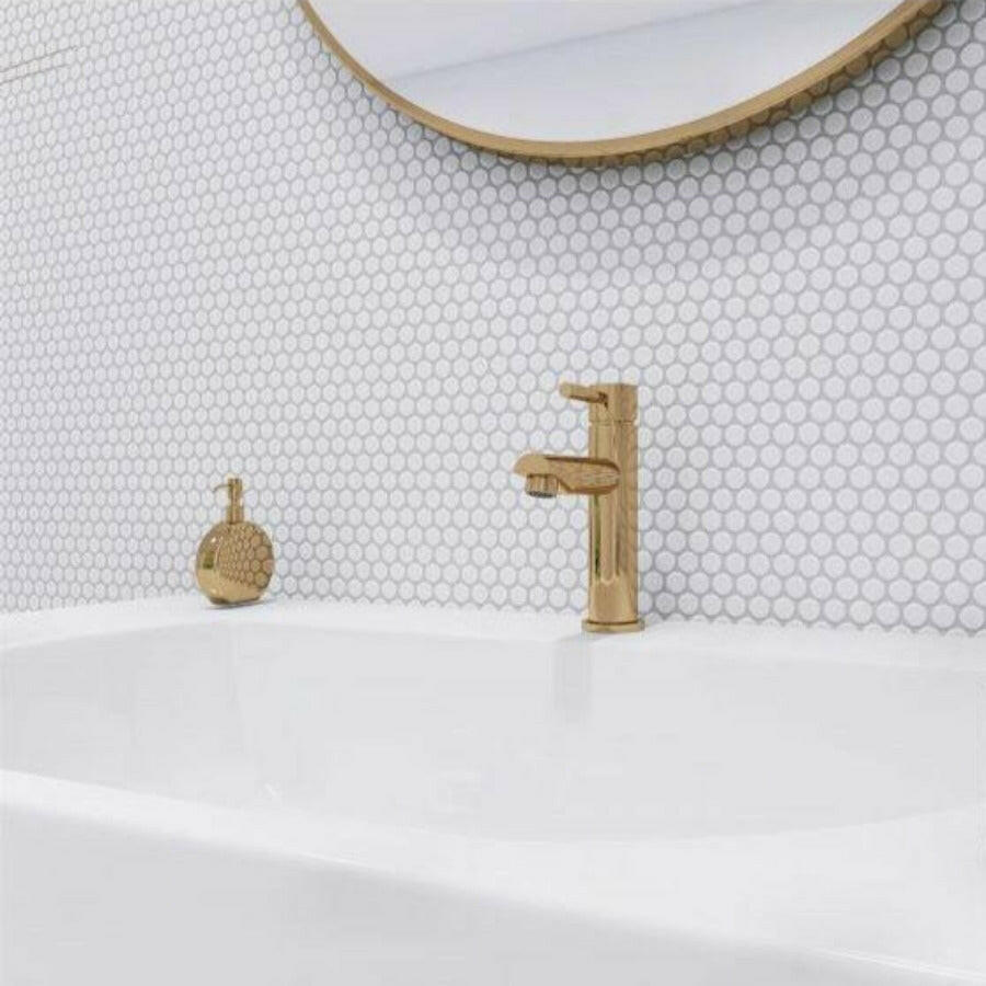 Orb Noon White Matte Penny Round Handmade Porcelain Mosaic Tile Orb Noon White Matte Penny Round Handmade Porcelain Mosaic Tile - American Tile Depot