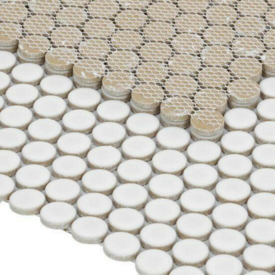 Orb Noon White Matte Penny Round Handmade Porcelain Mosaic Tile Orb Noon White Matte Penny Round Handmade Porcelain Mosaic Tile - American Tile Depot
